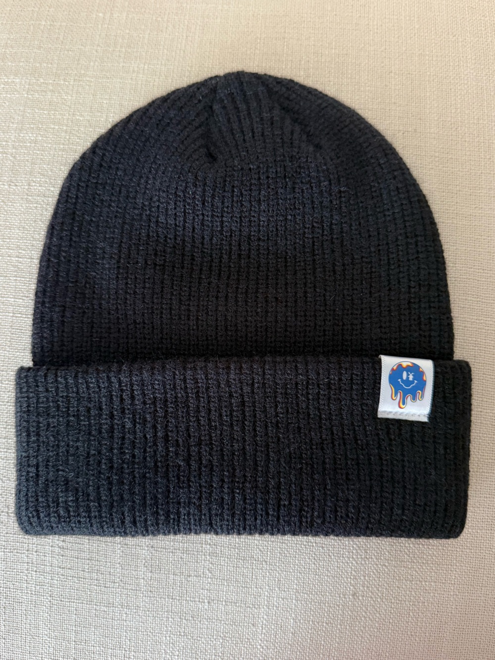 DUTCH BROS black knit beanie BLUE DRIP LOGO smiley face hat